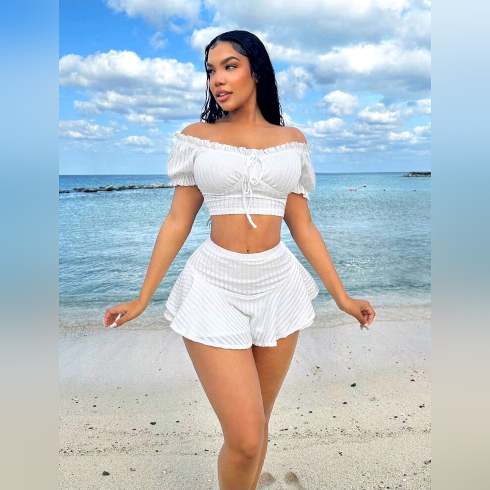 NWOT White Off-Shoulder Crop Top and Shorts Set